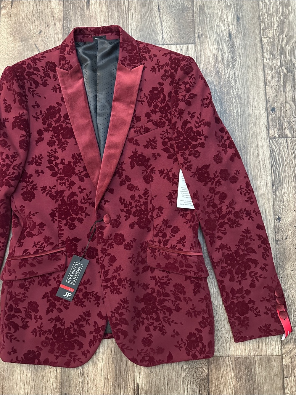 JF J. Ferrar Slim Evening Edition Tuxedo Blazer Jacket Size 40R Burgundy Floral